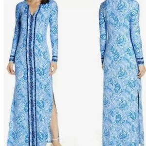 Lilly Pulitzer Blue Turtle Print Long Sleeve UPF 50+ Faye Maxi Dress Size Large